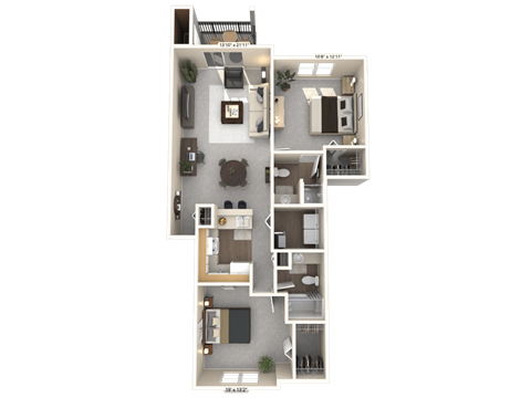 Floor plan for 2 beds, 2 baths, 1017 sqft